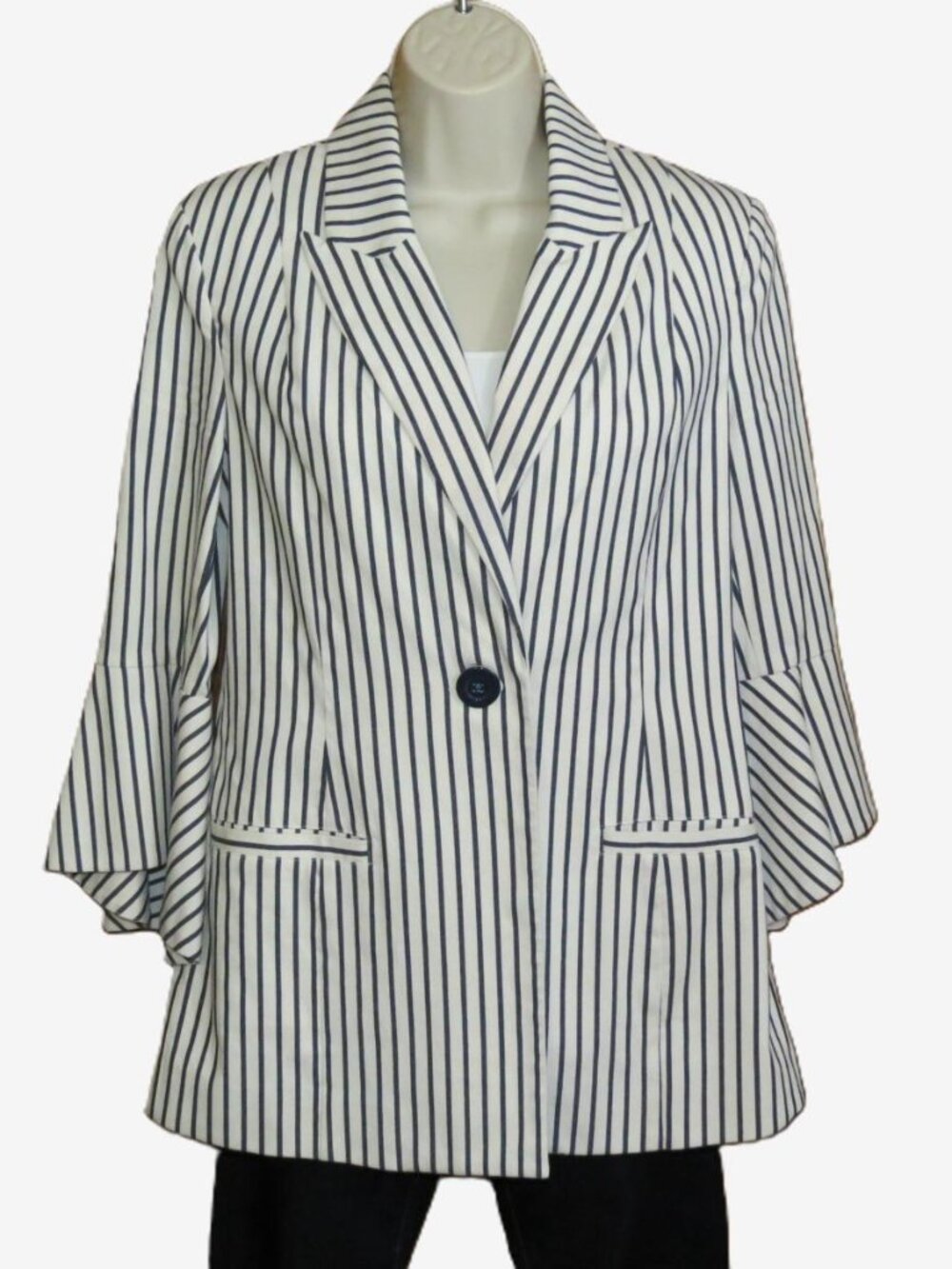 CAbi Navy/White Stripe Jacket/Blazer ¾ Flounce Sleeve Size 4